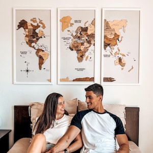 Triptyque de carte du monde en bois, carte de voyage avec punaises, décoration murale de chambre à coucher, art mural inspiration, meilleur cadeau pour les voyageurs, cadeau d'anniversaire de couple
