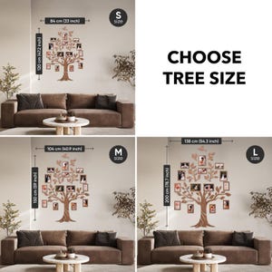 Puede incluir: Tres tama&ntilde;os diferentes de un &aacute;rbol de marco de fotos de madera con una variedad de fotos en cada marco. El &aacute;rbol es marr&oacute;n y los marcos son blancos. El texto "CHOOSE TREE SIZE" est&aacute; en la parte superior de la imagen. Los tama&ntilde;os est&aacute;n etiquetados como "S", "M" y "L" con las dimensiones correspondientes en pulgadas y cent&iacute;metros.
