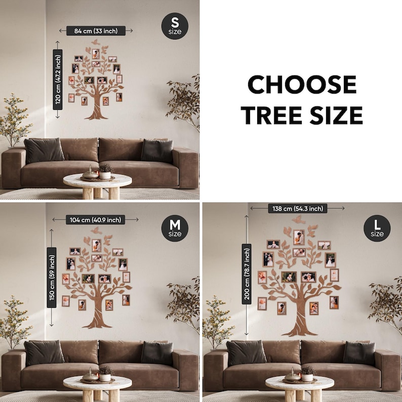 Puede incluir: Tres tama&ntilde;os diferentes de un &aacute;rbol de marco de fotos de madera con una variedad de fotos en cada marco. El &aacute;rbol es marr&oacute;n y los marcos son blancos. El texto "CHOOSE TREE SIZE" est&aacute; en la parte superior de la imagen. Los tama&ntilde;os est&aacute;n etiquetados como "S", "M" y "L" con las dimensiones correspondientes en pulgadas y cent&iacute;metros.