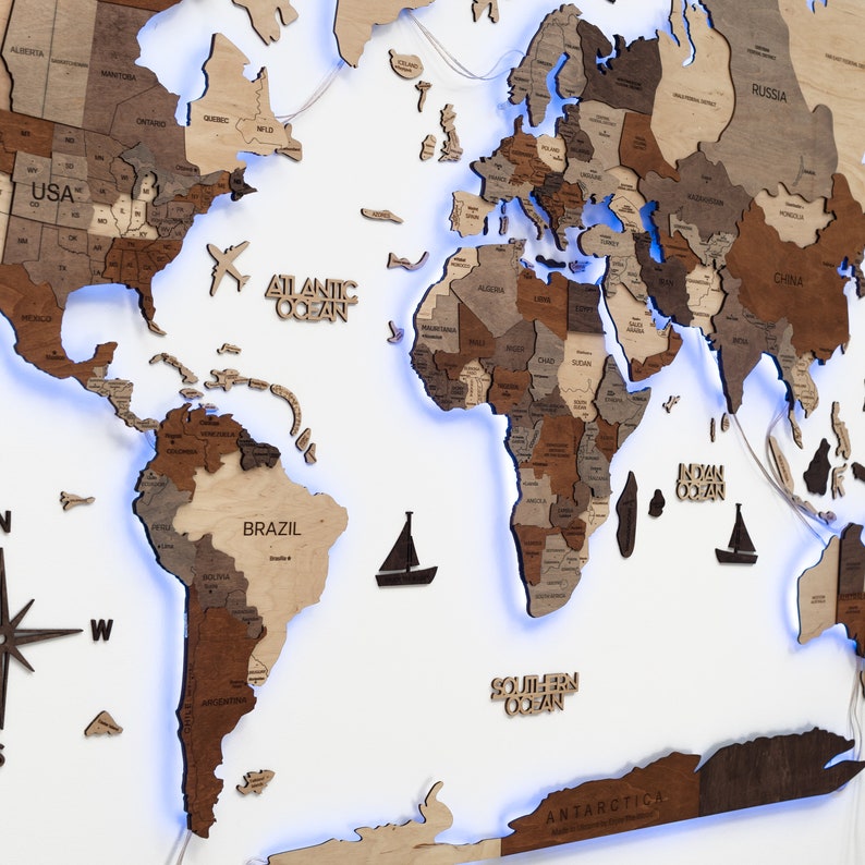 3D Weltkarte LED Wandkunst, Hauptwanddekor, Holzkarte der Welt, Reisekarte Genießen Sie Das Holz, 5 Bild 3