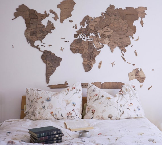 Wooden World Map Wall Art, Rustic Wall Decor, Travel Map Push Pin