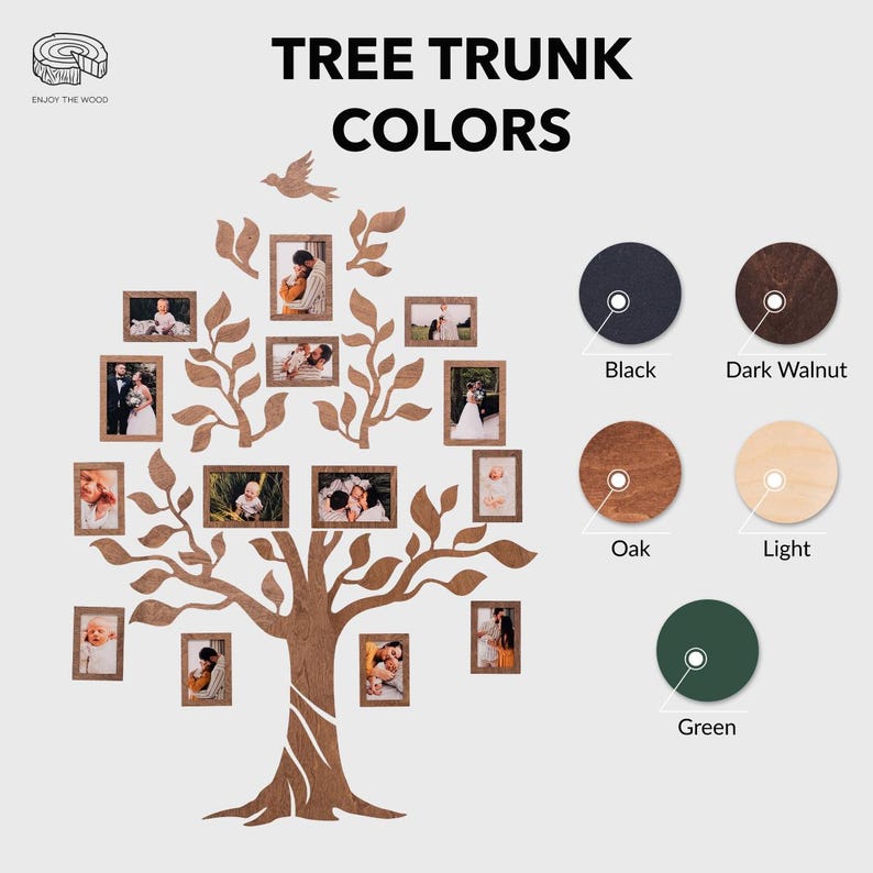 Puede incluir: Un marco de fotos de tronco de &aacute;rbol de madera con 14 marcos de fotos unidos a las ramas. El tronco del &aacute;rbol est&aacute; disponible en cinco colores: negro, nogal oscuro, roble, claro y verde. El texto "TREE TRUNK COLORS" est&aacute; en la parte superior de la imagen.