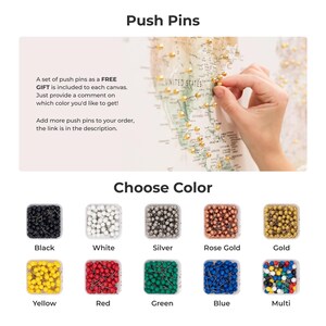 May include: A set of push pins in various colors, including black, white, silver, rose gold, gold, yellow, red, green, blue, and multi-colored. The push pins are displayed in small containers, each with a label indicating the color. The text "Choose Color" is displayed above the containers. A map with push pins is shown in the background.