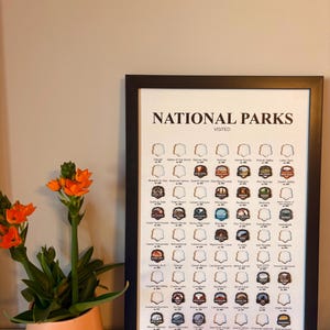 May include: A framed print titled "NATIONAL PARKS VISITED" featuring a collection of national park badges. The print is in a black frame and includes a variety of park logos. A potted plant with orange flowers sits to the left.