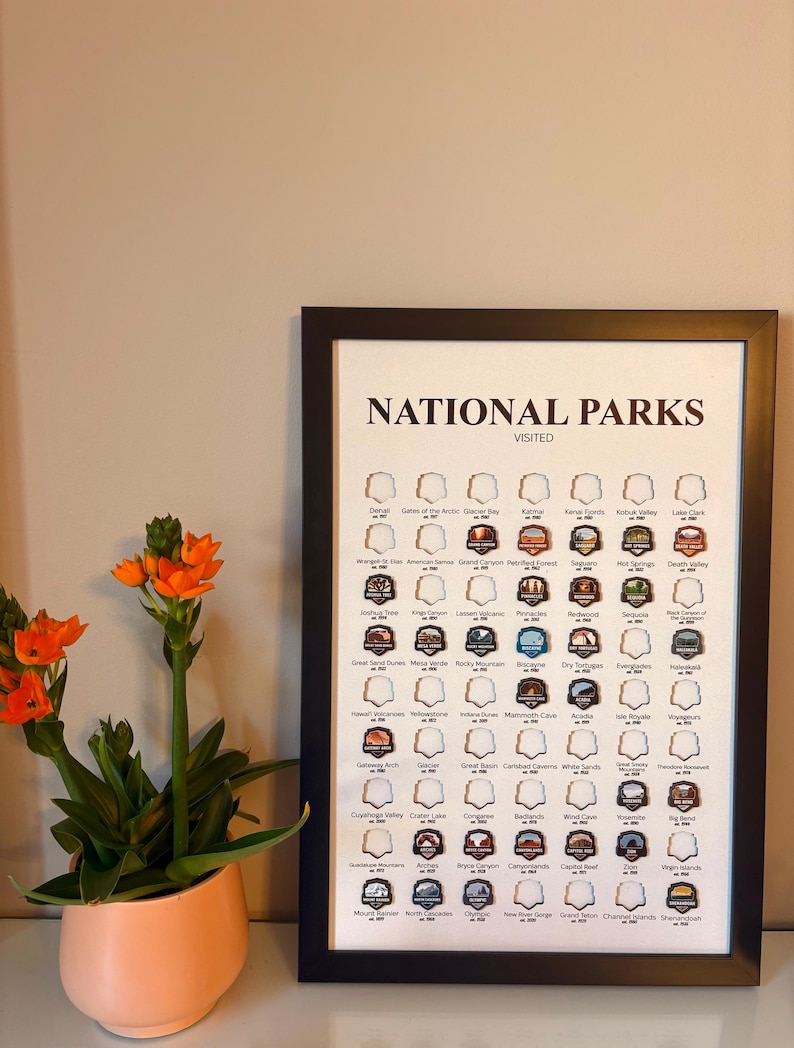 May include: A framed print titled "NATIONAL PARKS VISITED" featuring a collection of national park badges. The print is in a black frame and includes a variety of park logos. A potted plant with orange flowers sits to the left.