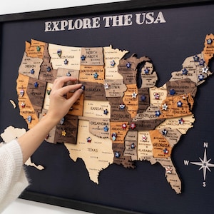 USA Holz Landkarte, National Parks Reisekarte, US Landkarte mit Pins, gerahmte amerikanische Kunst, Wohnkultur, Wanddeko, Geschenk zum 5