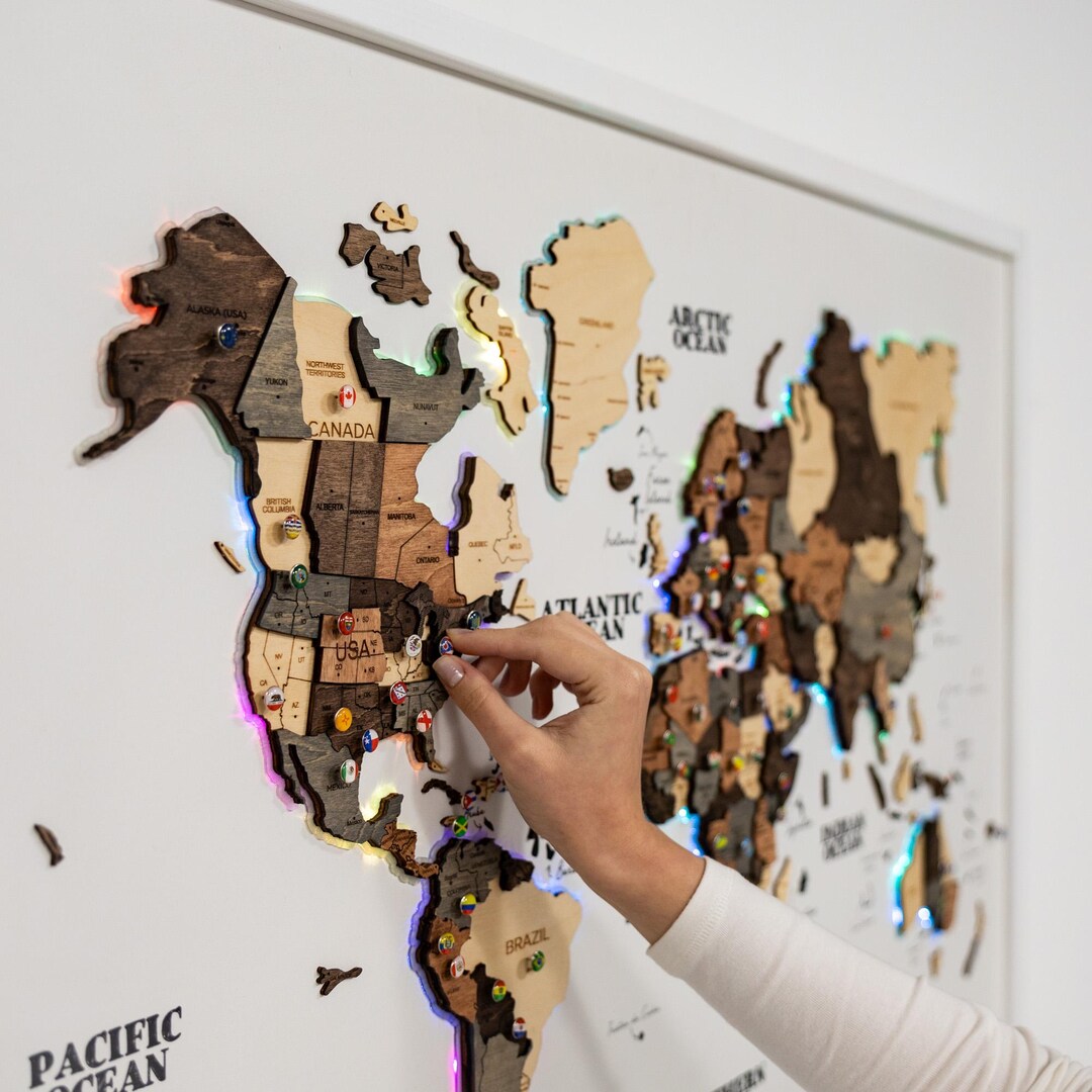 Led Pin Map LED Wood World Map Push Pin, Travel Wall Decor, 3D Map of the World ...