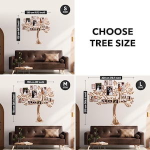 May include: Three different sizes of a wooden photo frame tree with a brown finish. The tree is decorated with 15 photo frames. The sizes are small (120 cm x 125 cm), medium (150 cm x 156 cm), and large (200 cm x 270 cm). The text "CHOOSE TREE SIZE" is displayed above the images.