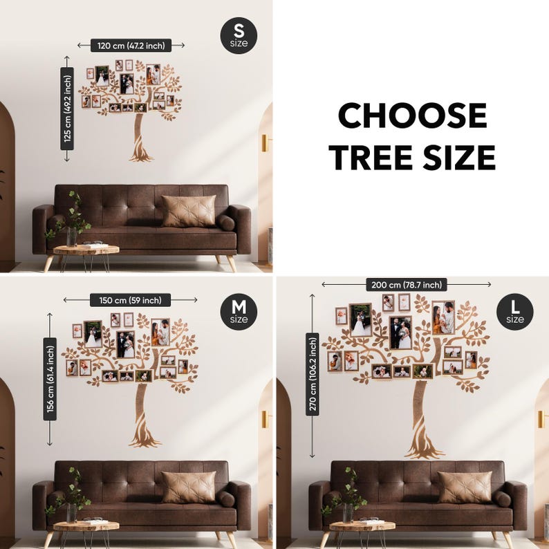 May include: Three different sizes of a wooden photo frame tree with a brown finish. The tree is decorated with 15 photo frames. The sizes are small (120 cm x 125 cm), medium (150 cm x 156 cm), and large (200 cm x 270 cm). The text "CHOOSE TREE SIZE" is displayed above the images.