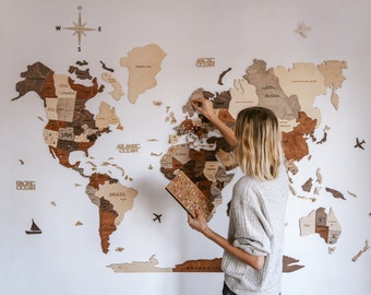 Carte du monde en bois, décoration d'intérieur, art mural carte du monde, cadeau de 5e anniversaire pour petite amie, cadeau de pendaison de crémaillère, décoration de salon