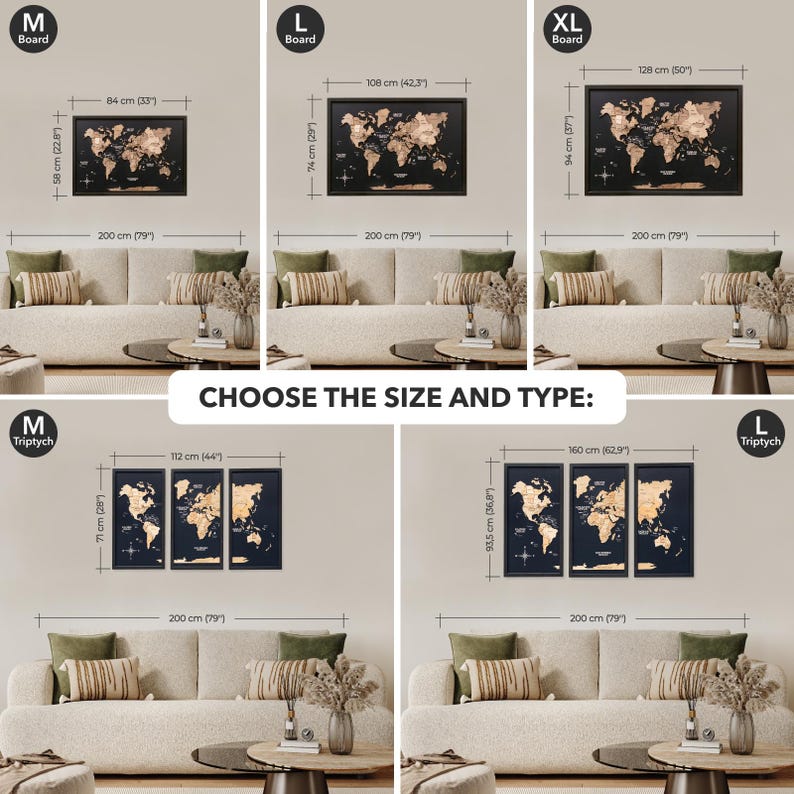 May include: A selection of framed world maps in various sizes and styles. The maps are black with gold-colored continents. The image includes measurements in inches and centimeters, and text that reads "CHOOSE THE SIZE AND TYPE:"