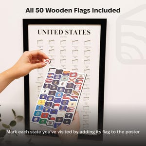May include: A framed United States map poster with a black border, featuring spaces for state flags. Includes a set of 50 wooden state flags. The text reads "All 50 Wooden Flags Included" and "Mark each state you've visited by adding its flag to the poster."