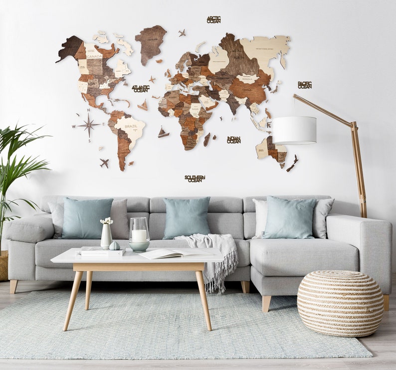 Wooden World Map Flags Pins Rustic Wall Decor House Decor Etsy