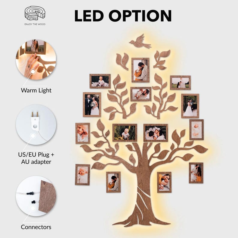 Puede incluir: Una decoraci&oacute;n de pared de &aacute;rbol geneal&oacute;gico de madera con luces LED. El &aacute;rbol tiene ramas con hojas y 12 marcos de fotos. Los marcos est&aacute;n llenos de fotos de una familia. El &aacute;rbol est&aacute; iluminado con luces LED blancas c&aacute;lidas. La imagen muestra las luces LED, el enchufe US/EU y los conectores.