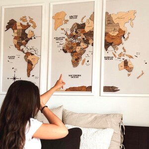 Drieluik muurkunst gepersonaliseerde reiskaart 3D wereldkaart push pin woondecoratie hout jubileum cadeau housewarming cadeaus avontuur herinneringen