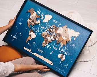 3D World Map on Board, Wood World Map Wall Art, Framed Wall Art, Home Decor, Housewarming Gift, 5th Anniversary Gift, Enjoy The Wood