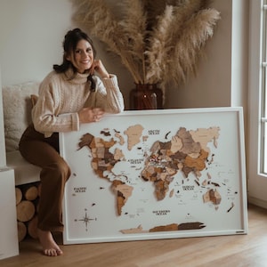 Our Family Adventure Map, Personalized Travel Map with Pins, Triptych Wall Decor, 3D World Map on Board, Rustic Decor Theme, New Home Gift