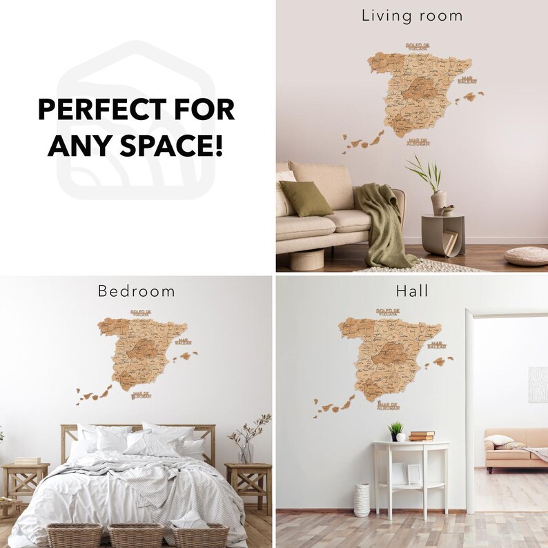 Peut inclure: Carte en bois de l'Espagne, pr&eacute;sent&eacute;e dans un salon, une chambre et un hall. La carte est de couleur marron clair et pr&eacute;sente des &eacute;l&eacute;ments g&eacute;ographiques d&eacute;taill&eacute;s. Le texte "PERFECT FOR ANY SPACE!" est en haut &agrave; gauche.