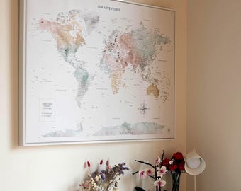 Pastel Canvas Travel Map, Couple Anniversary Gift, Canvas Wall Art Decor, Minimalist Push Pin World Map, Personalized Pinboard for Travelers