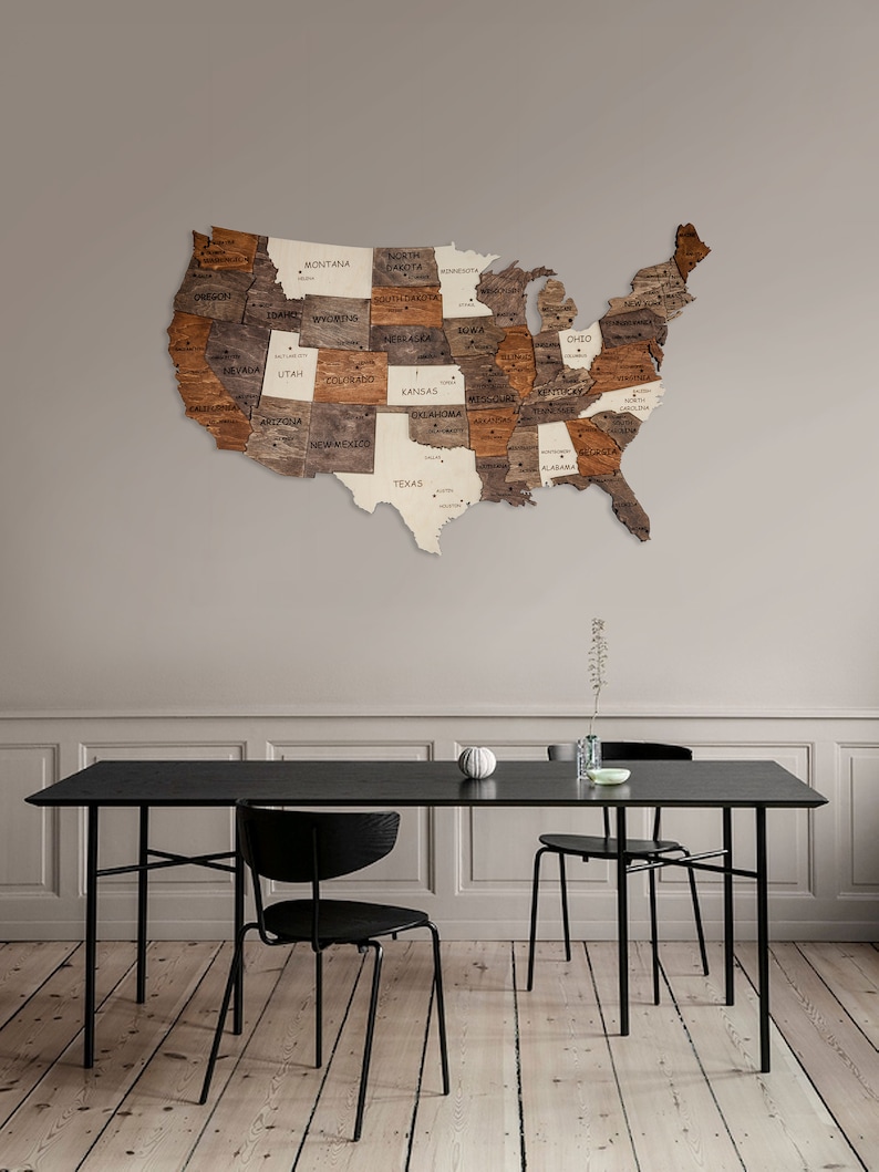 Us Map Of United States Wooden Wall Art Wooden Map Decor Map Etsy