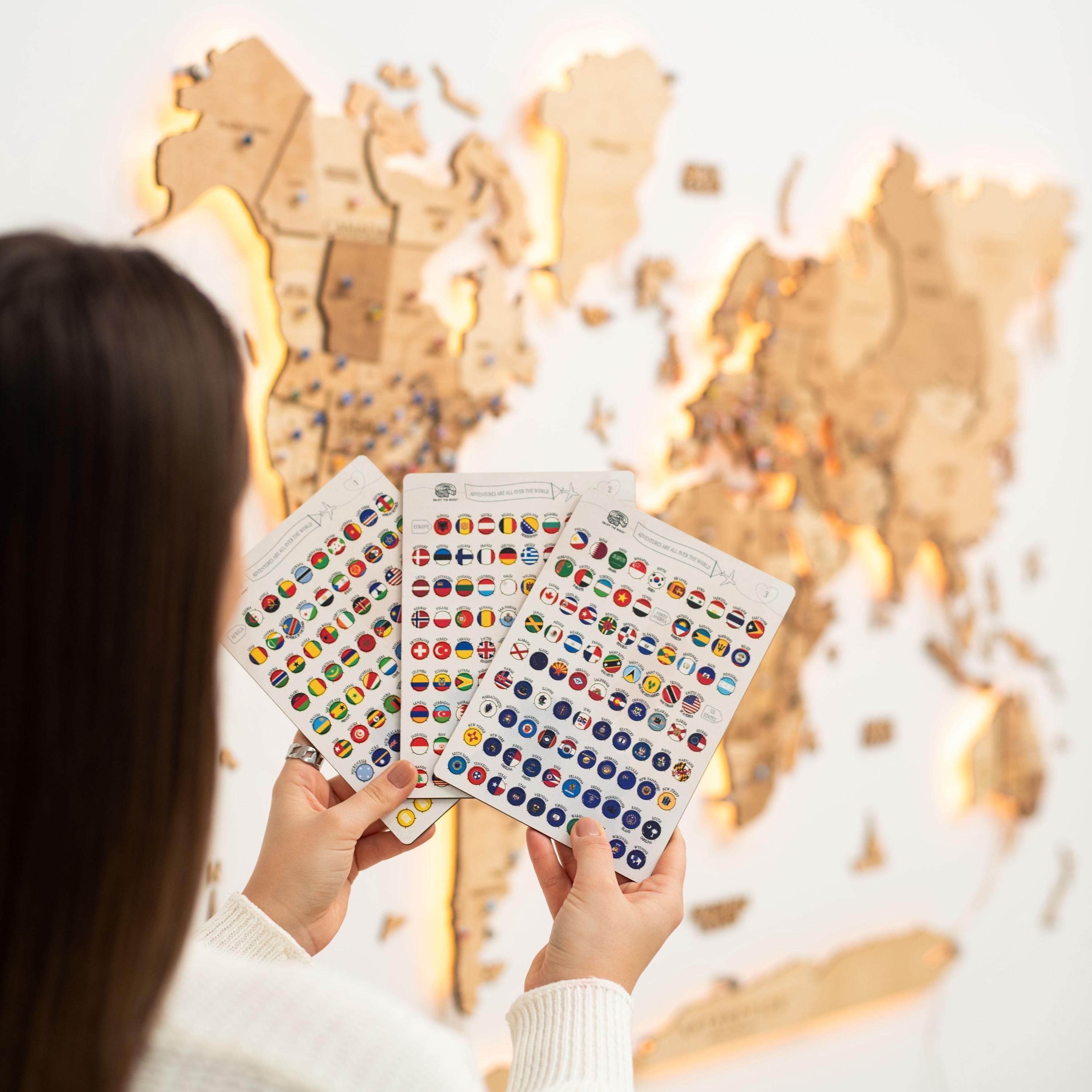 Wooden Printed Flag Stickers for World Map, Gift for Travel Lover ...