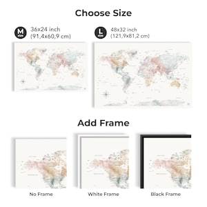 May include: A world map print with a watercolor-like design in shades of pink, green, and brown. The map is available in two sizes: 36x24 inches (91.4x60.9 cm) and 48x32 inches (121.9x81.2 cm). The print can be purchased with or without a white or black frame.