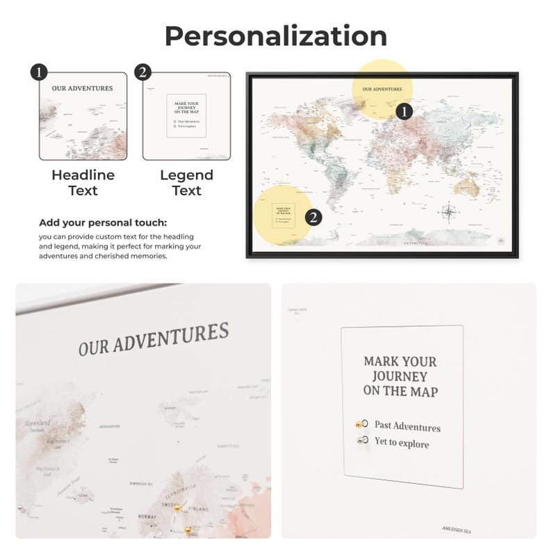 May include: A world map with a light pink and gray watercolor background. The map is divided into two sections, one labeled "Our Adventures" and the other labeled "Mark Your Journey on the Map". The map is surrounded by a black frame. The text "Past Adventures" and "Yet to Explore" are listed below the map.