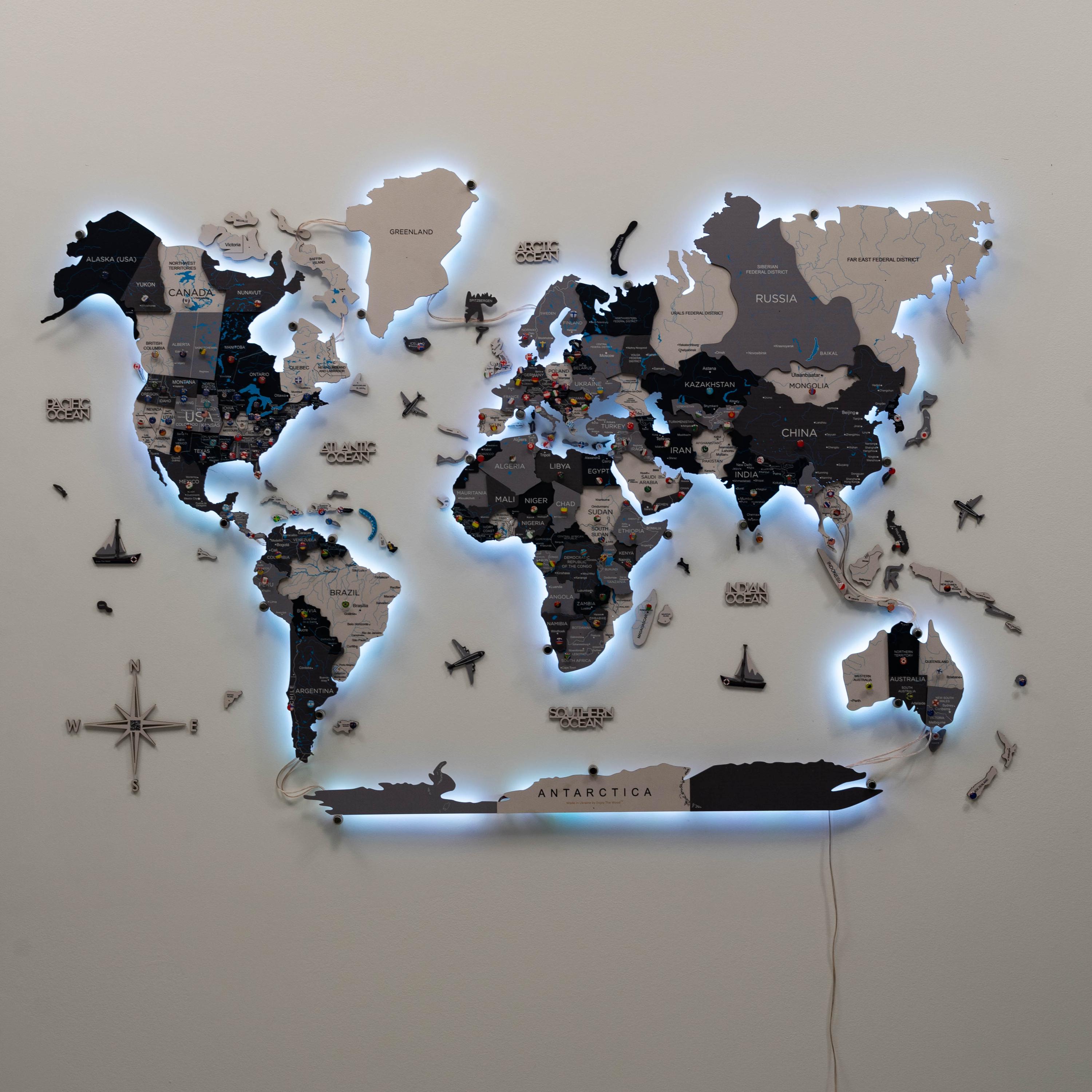 3D World Map With LED Backlight, Travel Map Push Pin, Home Decor ...