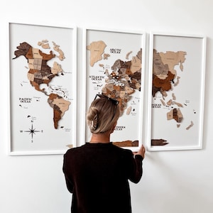 Carte de voyage personnalisée, art mural triptyque, carte du monde, carte du monde, cadeaux de pendaison de crémaillère, carte du monde, aventure, cadeau d'anniversaire de mariage, cadeau d'anniversaire