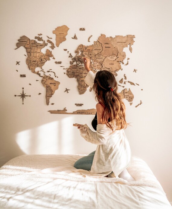 Wood World Map Wall Art Bedroom Wall Decor Travel Decor 5th Etsy