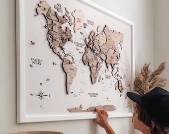 3D Wooden World Map, Framed Travel Push Pin Board, Wall Art Living Room