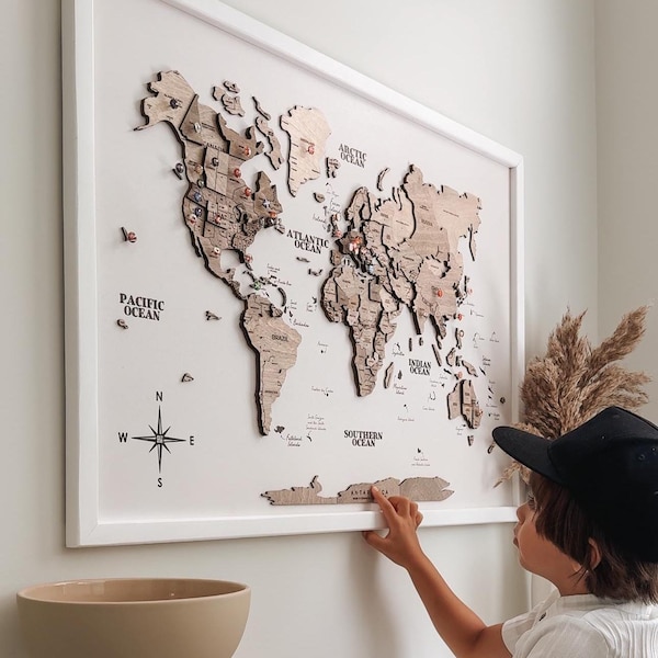 3D Wooden World Map, Framed Travel Push Pin Board, Wall Art Living Room