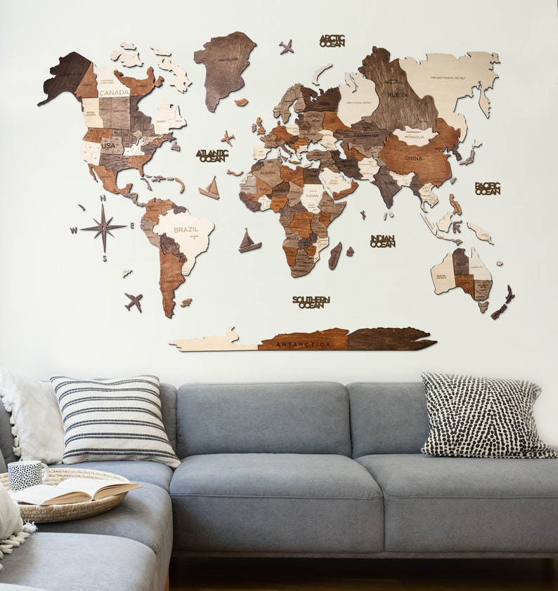 Wooden World Map Housewarming New Home Gift Push Pins Rustic Wall Decor Personalized Gift Home Art Farmhouse Wedding Gift for Couple
