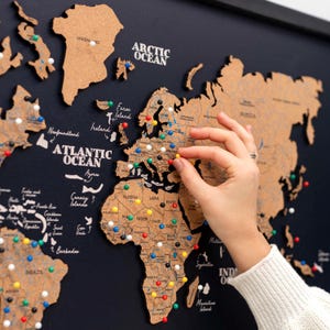 Cork World Map Wall Art, Push Pin Travel Map, Wood World Map, Home Decor, 3 Panel Wall Art, 5th Anniversary Gift for Him, Her, EnjoyTheWood