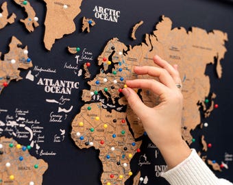 Cork World Map Wall Art, Push Pin Travel Map, Wood World Map, Home Decor, 3 Panel Wall Art, 5th Anniversary Gift for Him, Her, EnjoyTheWood