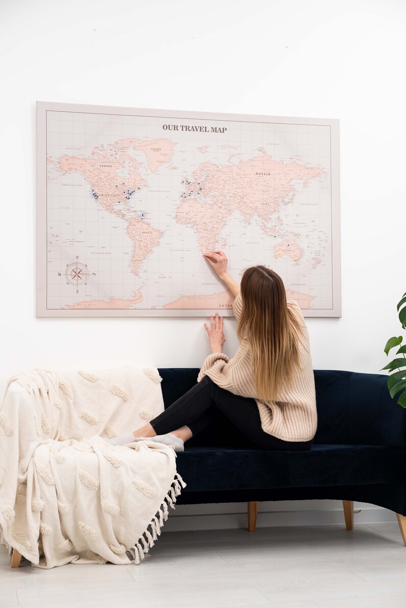 Travel Inspired Canvas Panel World Map, Personalized Push Pin Map to Track Your Adventures, Large World Map Canvas Print, Modern Wall Decor image 9