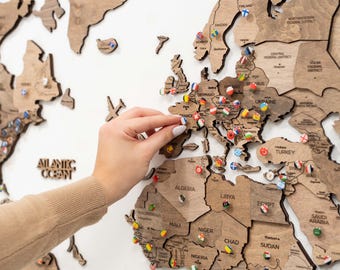 Mapa del mundo de madera hecho a mano, mapa de países visitados con chinchetas, decoración de pared para habitación con temática de aventuras.