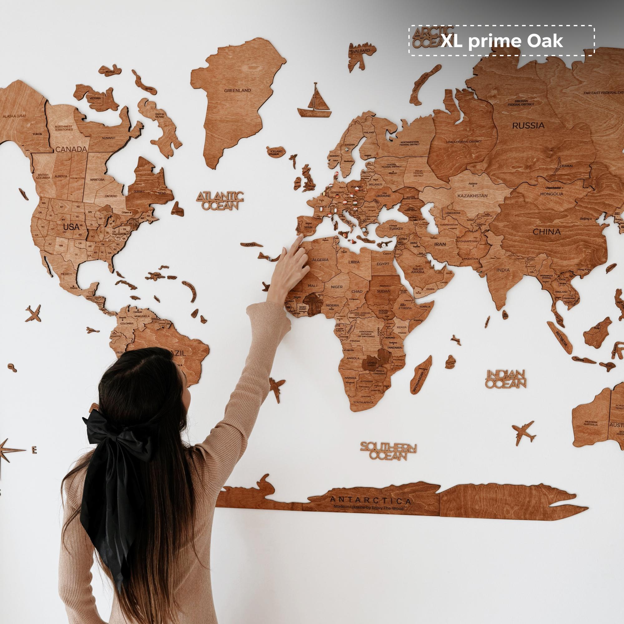 Wooden World Map Wall Art by Enjoy the Wood, Travel Map Push Pins