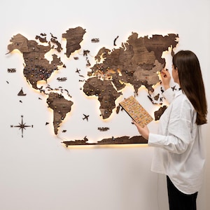 Punaise LED carte du monde, carte murale lumineuse, décoration de maison, carte de voyage, art mural carte décorative, cadeau d'anniversaire, cadeau de pendaison de crémaillère