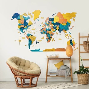 3D Bright World Map, Wooden Map for Home or Office, Wall Wooden Decor by Enjoy The Wood, 3D World Map with Push Pins of Countries or Planes image 3