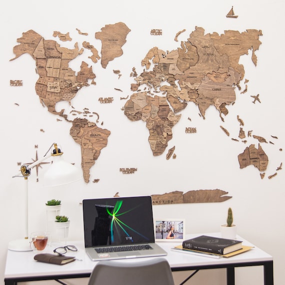 Decoración de pared de mapa del mundo de madera, multicapa, madera teñida  multicolor, nombres grabados - diseño 3D único - para sala de estar,  cocina