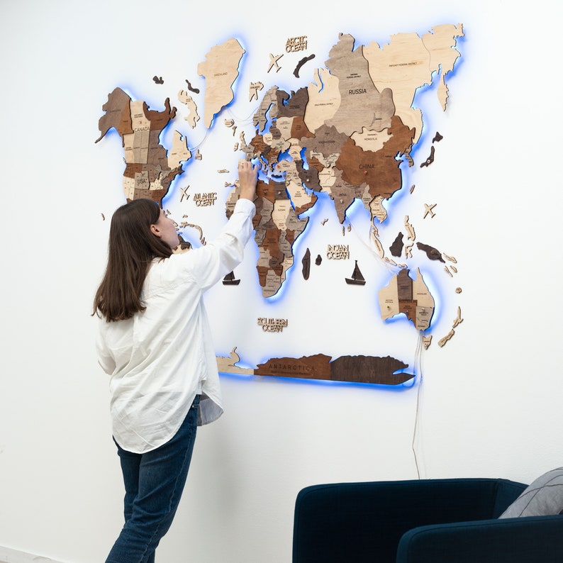 3D Weltkarte LED Wandkunst, Hauptwanddekor, Holzkarte der Welt, Reisekarte Genießen Sie Das Holz, 5 Bild 8
