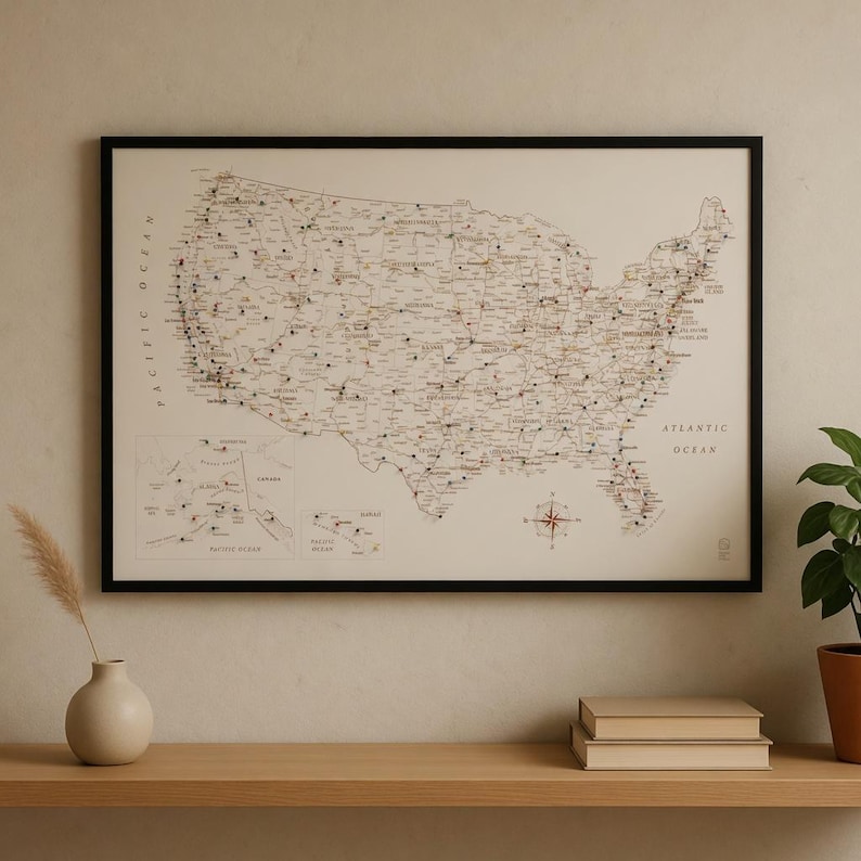 USA Push Pin Map Canvas Wall Art, Travel Tracker Decor (framed) - Etsy