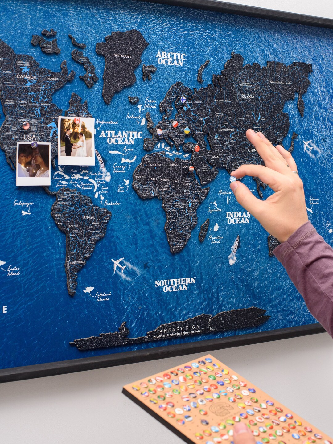 Home Decor World Map on Board, Large Wall Art, Push Pin Travel Map