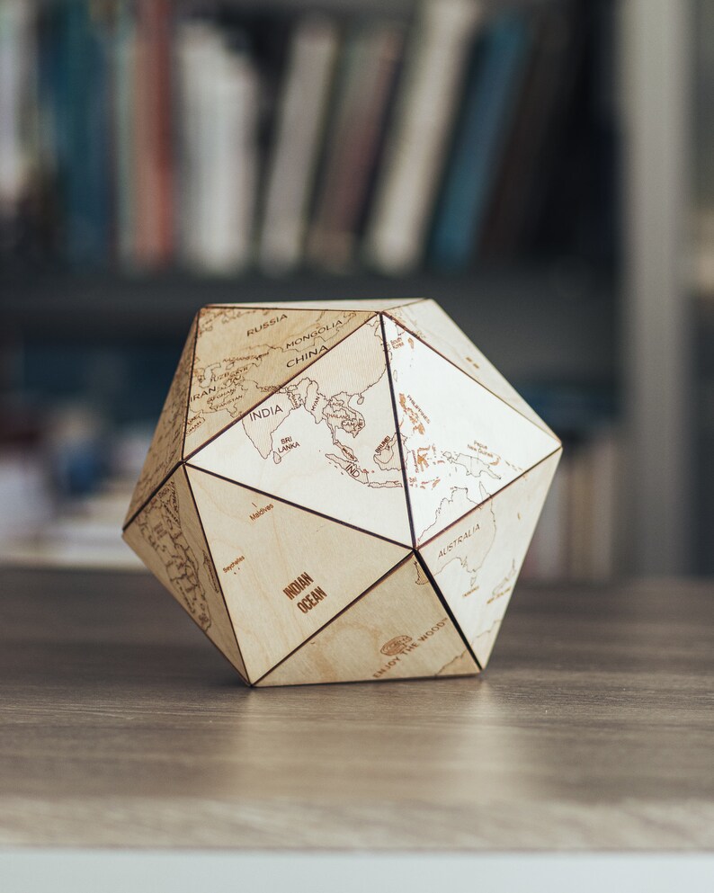 Icosahedron World Map Rustic Desk Accessories Wooden Decor Etsy
