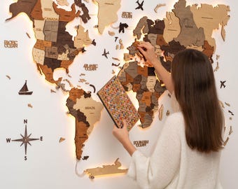 Wooden World Map Wall Decor, LED Map of the World, Backlight Map Art, Home Decor, 5th Anniversary Gift, Unique Family Gift, Enjoy The Wood