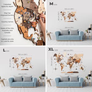 Puede incluir: Un mapa del mundo de madera con bordes grabados y nombres de pa&iacute;ses, con capas detalladas para la profundidad. El mapa incluye los estados de EE. UU., Australia y Canad&aacute;. Disponible en varios tama&ntilde;os, incluyendo 100 cm x 60 cm, 150 cm x 90 cm y 200 cm x 120 cm.
