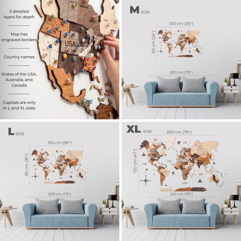 Puede incluir: Un mapa del mundo de madera con bordes grabados y nombres de pa&iacute;ses, con capas detalladas para la profundidad. El mapa incluye los estados de EE. UU., Australia y Canad&aacute;. Disponible en varios tama&ntilde;os, incluyendo 100 cm x 60 cm, 150 cm x 90 cm y 200 cm x 120 cm.