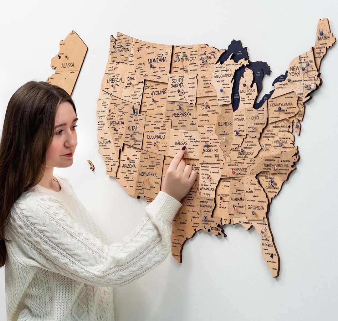 Wood Map of United States, Patriotic Wall Decor, Push Pin Travel Map ...