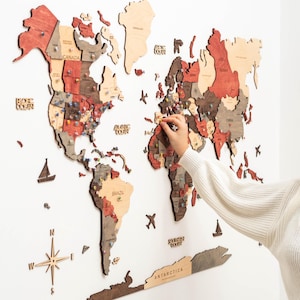 Carte du monde en bois 3D, punaises, pays voyagés, tenture murale, cadeau de pendaison de crémaillère, décoration de salon, carte personnalisée, cadeau d'anniversaire